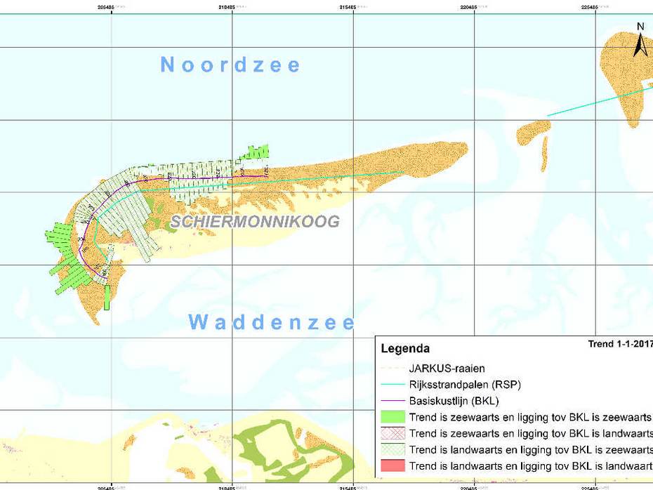 Kustlijntrend en ligging van de Basiskustlijn (BKL)  op Schiermonnikoog in 2017 (Bron Kustlijnkaartenboek Rijkswaterstaat). Klik op de afbeelding voor een vergroting.