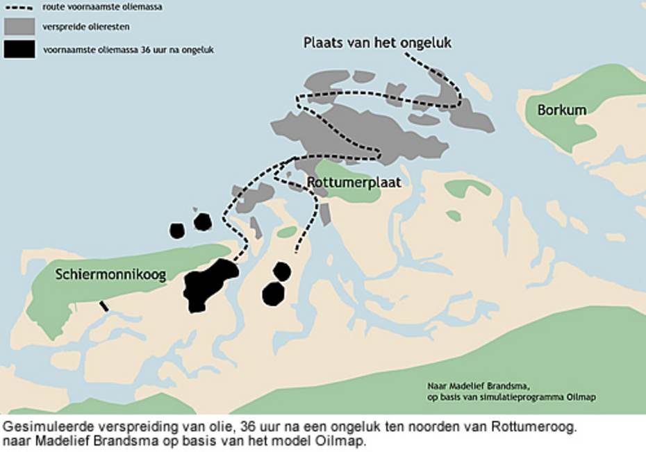 Gesimuleerde verspreiding van olie, 36 uur na een ongeluk ten noorden van Rottumeroog, naar Madelief Brandsma op basis van het model Oilmap.