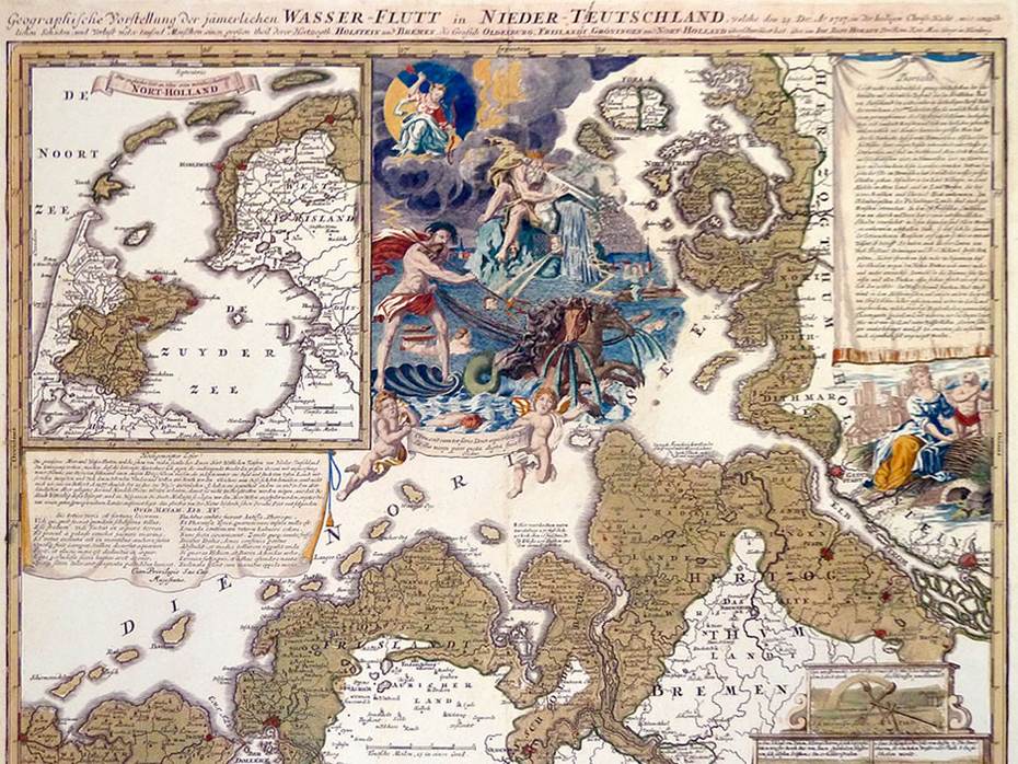 Kaart met een impressie van de kerstvloed1717. Bron: Wikimedia