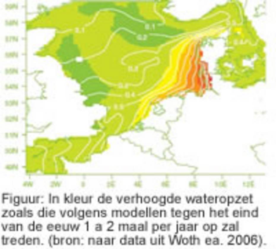 Figuur: In kleur de verhoogde wateropzet zoals die volgens modellen tegen het eind van de eeuw 1 a 2 maal per jaar op zal treden. (bron: naar data uit Woth ea. 2006).