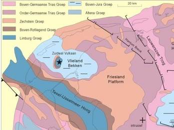 In het Vlieland Bekken bevindt zich de Zuidwal vulkaan op ca. 2000 meter onder maaiveld. Bron: Ven Bergen en Sissingh 2007