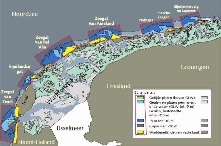 De dieptes van verschillende delen van de Waddenzee, inclusief de buitendelta’s. Bron: RIKZ (Uit: Van den Bogaart e.a.).