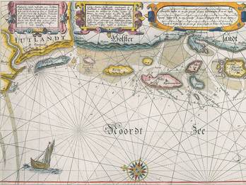 Gedeelte van een historische kaart van Blaeu de kustlijn van Denemarken met de hallig Jordsand. Uit Frederiksen 2014