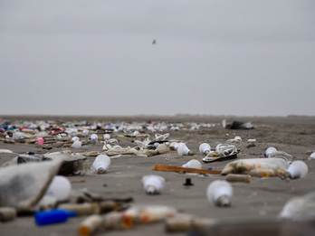 Het strand ligt bezaaid met spullen uit de containers. Foto: Waddenvereniging.