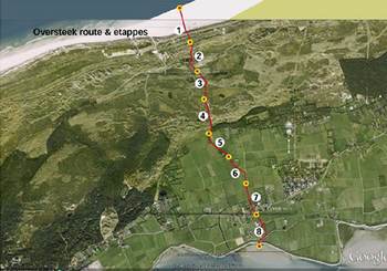 De route die de reizende installatie Oversteek zal afleggen op Oerol van 16 t/m 24 juni 2012