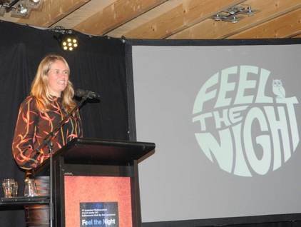 Nynke-Rixt Jukema, projectleider Feel the Night gaf een inhoudelijke introductie op het symposium: Het belang van duisternis; 