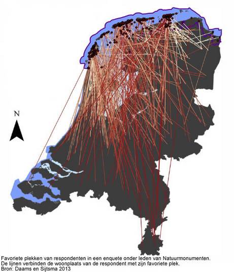 Favoriete plekken van respondenten in een enquete onder leden van Natuurmonumenten. De lijnen verbinden de woonplaats van de respondent met zijn favoriete plek. Bron: Daams en Sijtsma 2013.