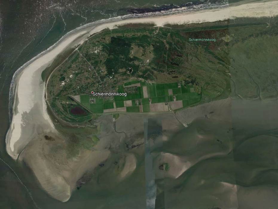 Het brede strand van Schiermonnikoog (foto Google Earth) Het brede strand van Schiermonnikoog (foto Google Earth)