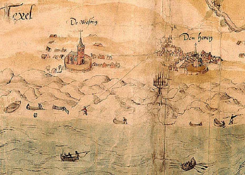 Detail van een kaart van hoogstwaarschijnlijk Jan van Scorel uit 1552 met in het midden de Westen en rechts Den Hoorn. Bron: Algemeen Rijksarchief.
