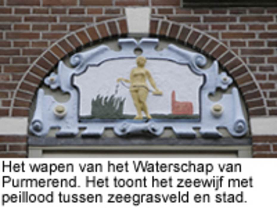 Het wapen van het Waterschap van Purmerend. Het toont het zeewijf met peillood tussen zeegrasveld en stad.