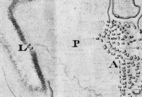 Detail van een kaart van Pieter de la Rive uit 1731. Bij de ‘L’ zijn de twee laatste huizen van Sier te zien. Bron: Tresoar.