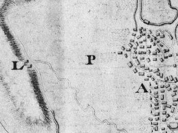 Detail van een kaart van Pieter de la Rive uit 1731. Bij de ‘L’ zijn de twee laatste huizen van Sier te zien. Bron: Tresoar.