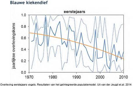 Overleving eerstejaars vogels. Resultaten van het geïntegreerde populatiemodel. Uit van der Jeugd et.al. 2014