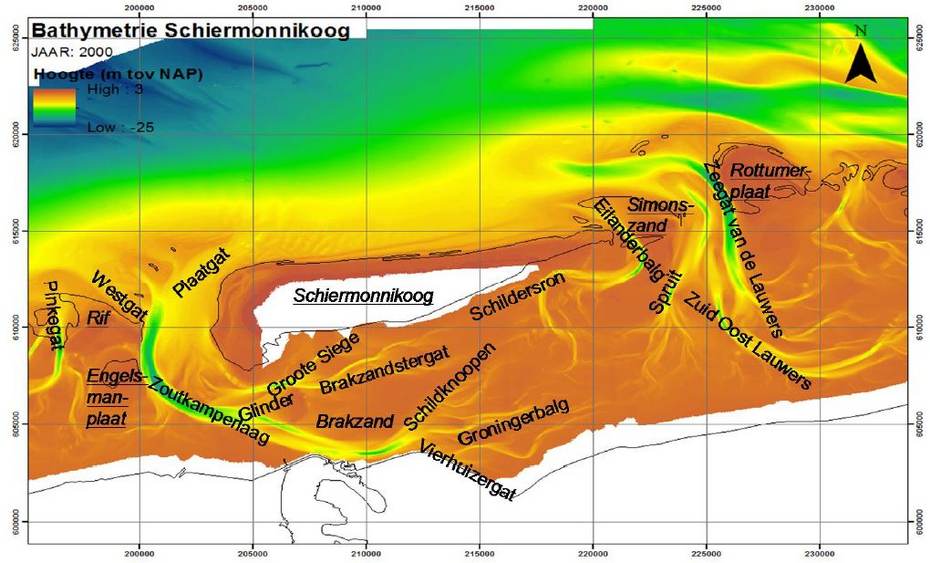 Hoogtekaart omgeving Schiermonnikoog (Bron Oost & Nederhoff, 2017)