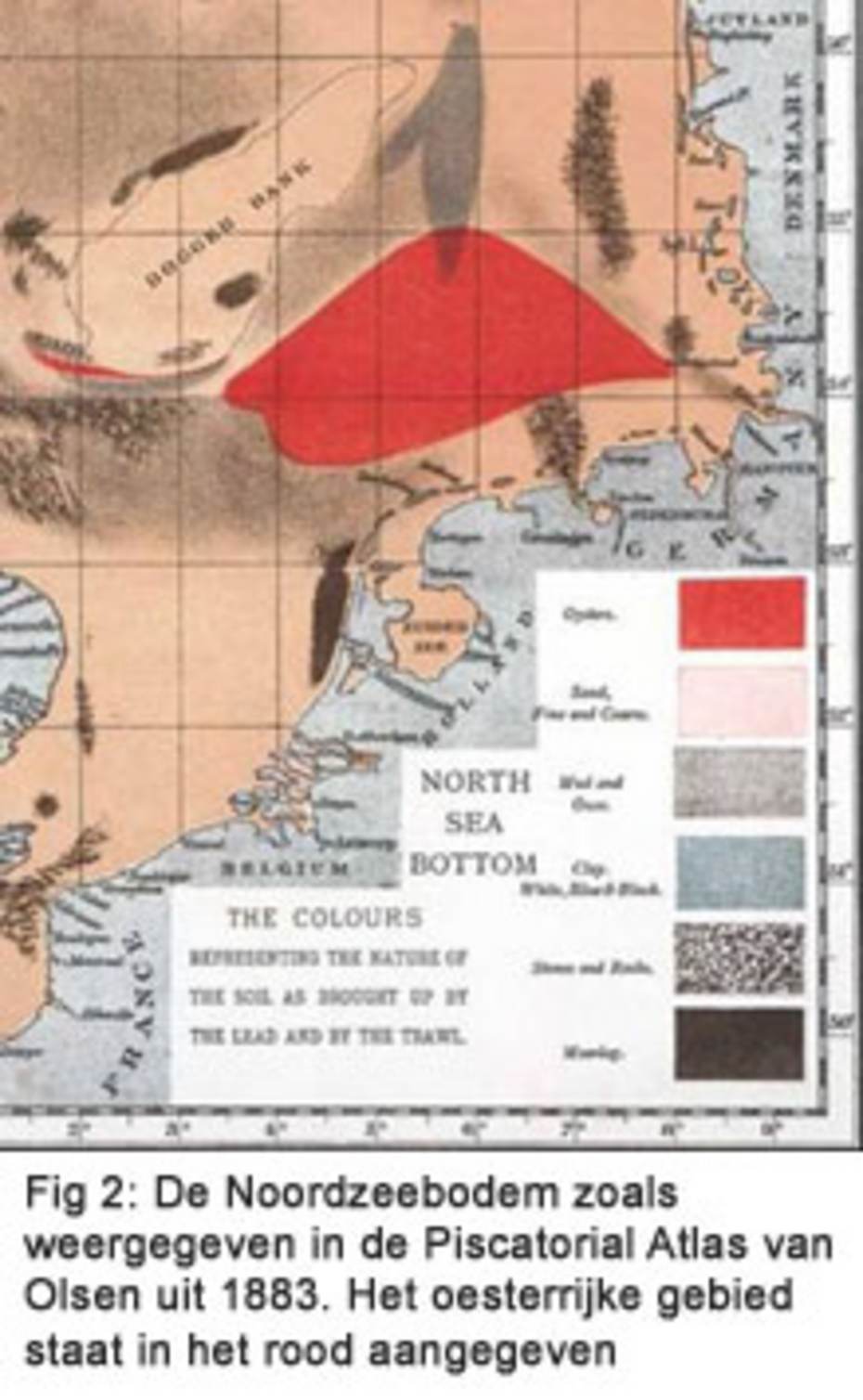 Figuur 2: De Noordzeebodem zoals weergegeven in de Piscatorial Atlas van Olsen uit 1883. Het oesterrijke gebied staat in het rood aangegeven