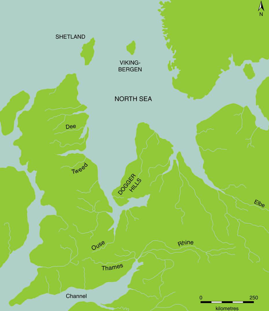 Reconstructie van de Noordzee ca 8800 jaar geleden. Bron: Gaffney et. al.