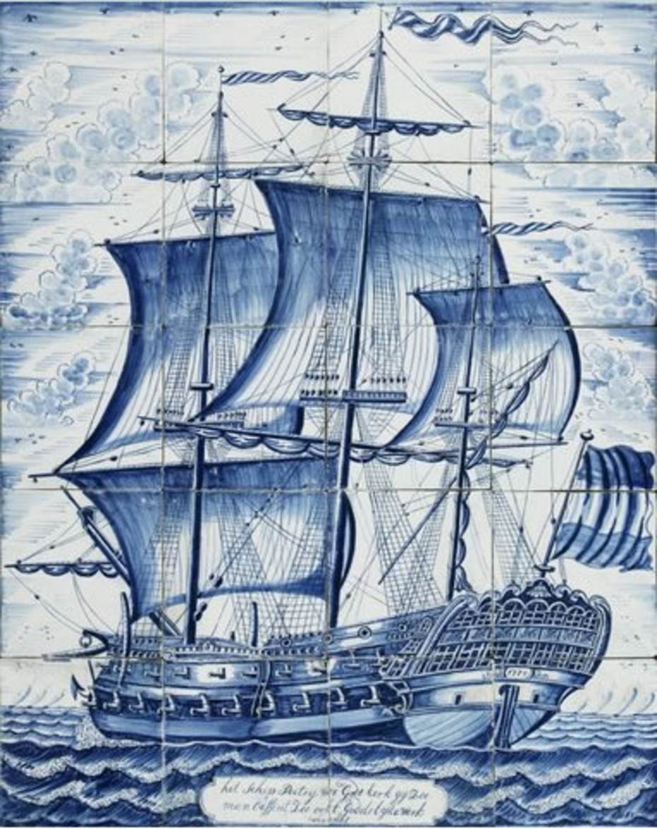 Tegeltableau met oorlogsschip door Jan Eelkes Kronenburg, 1779. Bron: Fries scheepvaartmuseum. Tegeltableau met oorlogsschip door Jan Eelkes Kronenburg, 1779. Bron: Fries scheepvaartmuseum.