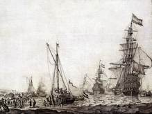 Uitzeilende vloot van de rede van Vlieland Bron: Wikimedia (Willem van de Velde the Elder )