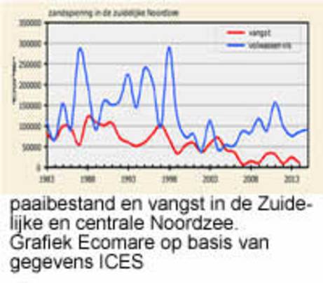 paaibestand en vangst van zandspieringen in de zuidelijke en centrale Noordzee. Grafiek Ecomare op basis van gegevens ICES.