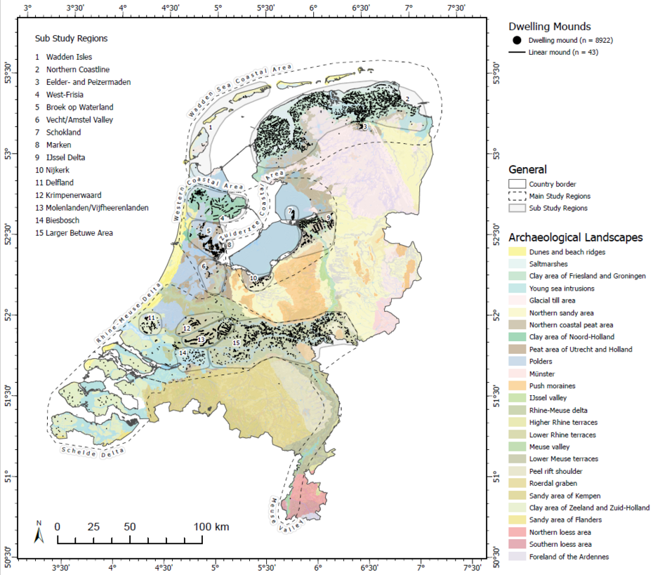 Verspreidingskaart van woonheuvels in Nederland. Achtergrond: ‘Archeologische landschapskaart’ van Nederland (naar Rensink et al., 2019).