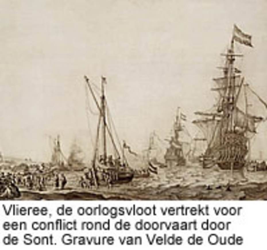 Vlieree, de oorlogsvloot vertrekt voor een conflict rond de doorvaart door de Sont. Gravure van Velde de Oude