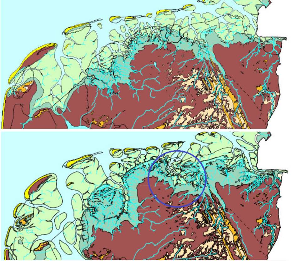 Paleogeografische kaarten met een reconstructie van de geografie van Noord-Nederland in 500 v. Chr. (boven) en 800 n. Chr. (onder). De blauwe cirkel in de onderste kaart geeft de locatie van de Lauwerszee aan. Bron: Vos en De Vries (2013).