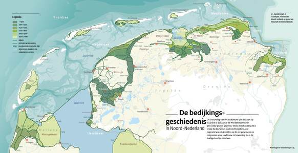 Kaart van de bedijkingsgeschiedenis van Noord-Nederland vanaf de middeleeuwen