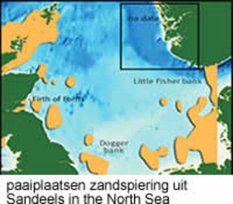 de paaigebieden van de zandspiering in de Noordzee, kaartje uit Sandeels in the North Sea.