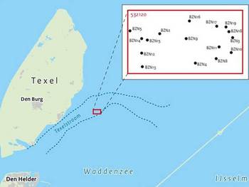 Texel, de Waddenzee en de locatie van de Burgzand Noord wrakken. Beeld: RCE