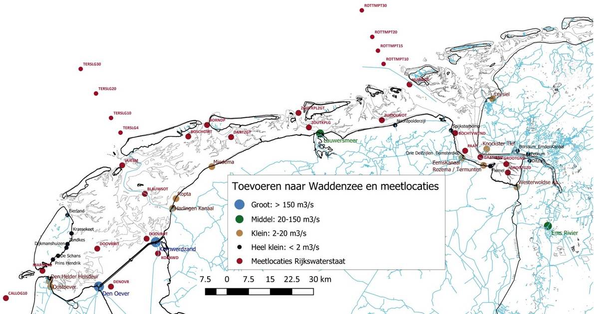 Toevoeren naar de Waddenzee en meetlocaties van Rijkswaterstaat in de Waddenzee en de Noordzeekustzone. Bron: Brinkman, 2020