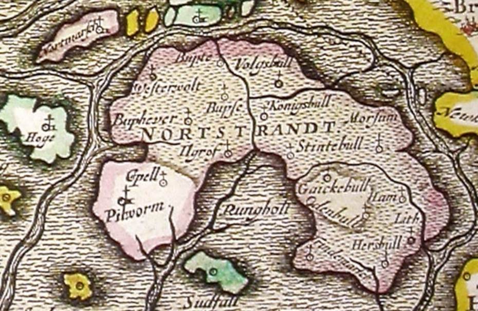 De ligging van Rungholt staat in het water ingetekend op een kaart van Johannes Blaeu (1662)
