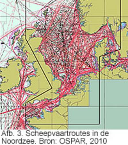 Afb. 3. Scheepvaartroutes in de Noordzee. Bron: OSPAR, 2010.