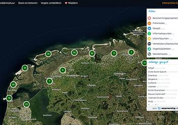 screenshot van de interactieve kaart van de website beleefdewaddennatuur.nl