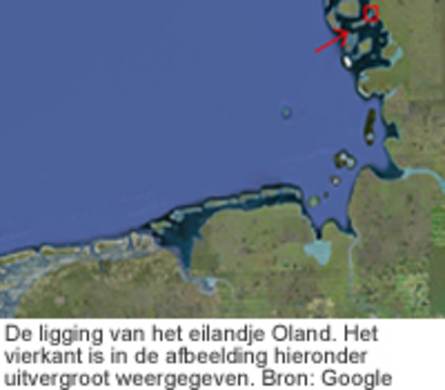 De ligging van het eilandje Oland. Het vierkant is in de afbeelding hieronder uitvergroot weergegeven. Bron: Google Earth.