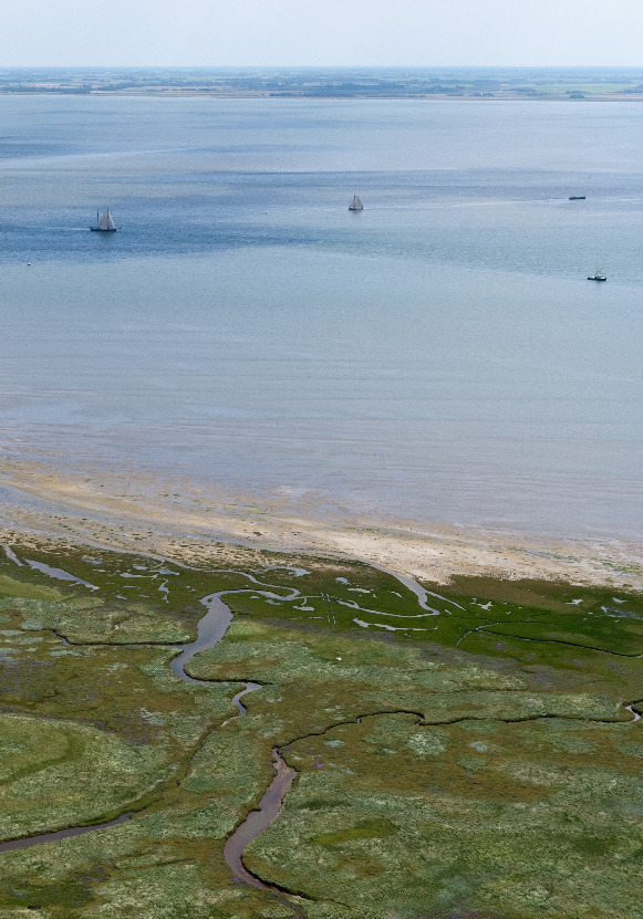 Luchtbeeld van kwelder Ameland, Waddenzee, vaste land, zeilboten en vissersboot. Beeld: Beeldbank RWS