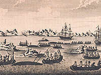 Impressie van de walvisjacht gravure: Cook bron Wikimedia Common.