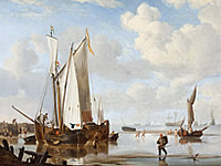 Een wijdschip en een kaag in een baai dicht bij de dijk. Schilderij van Willem van de Velde de Jonge (ca 1660). Bron: Wikimedia Commons