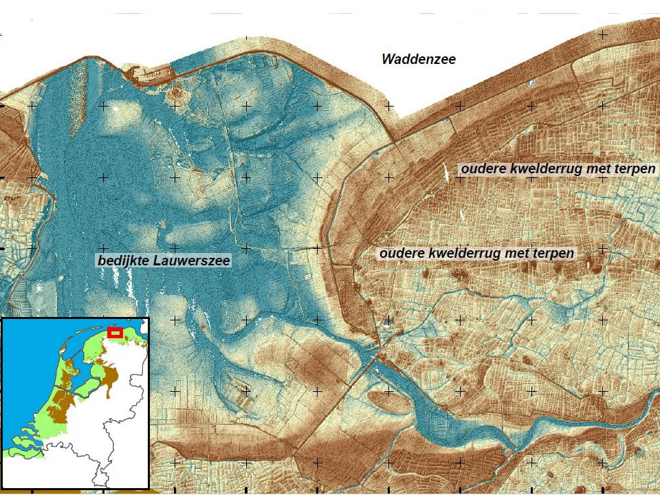 Hoogtekaart van het huidige Lauwersmeergebied, met daarin aangegeven de oude kwelderruggen. Bron: AHN.