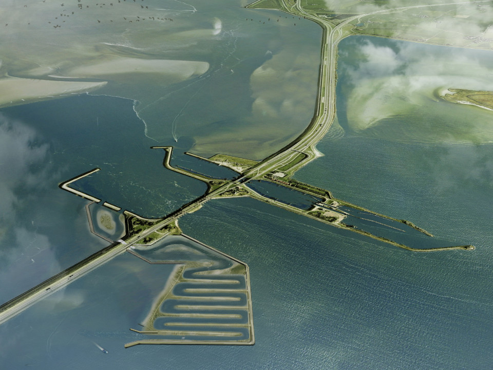 De toekomstige Vismigratierivier bij Kornwerderzand, een verbinding van zoet naar zout voor trekvissen tussen de Waddenzee en het IJsselmeer. Bron: De Nieuwe Afsluitdijk