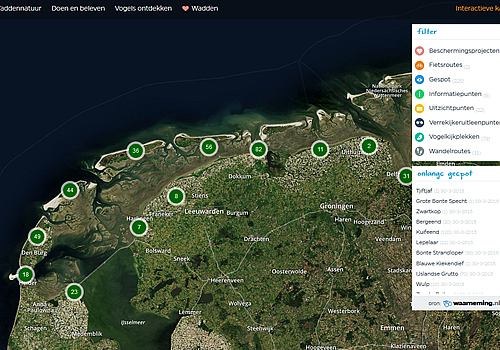 screenshot van de interactieve kaart van de website beleefdewaddennatuur.nl