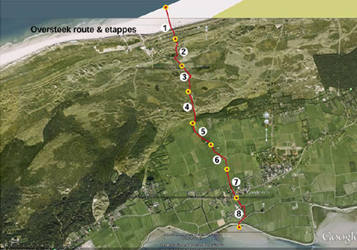 De route die de reizende installatie Oversteek zal afleggen op Oerol van 16 t/m 24 juni 2012